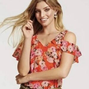 CAbi Coral Floral Cold-Shoulder V-Neck Top
